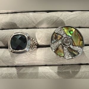 Silver Rings with Abalone and Black Stone